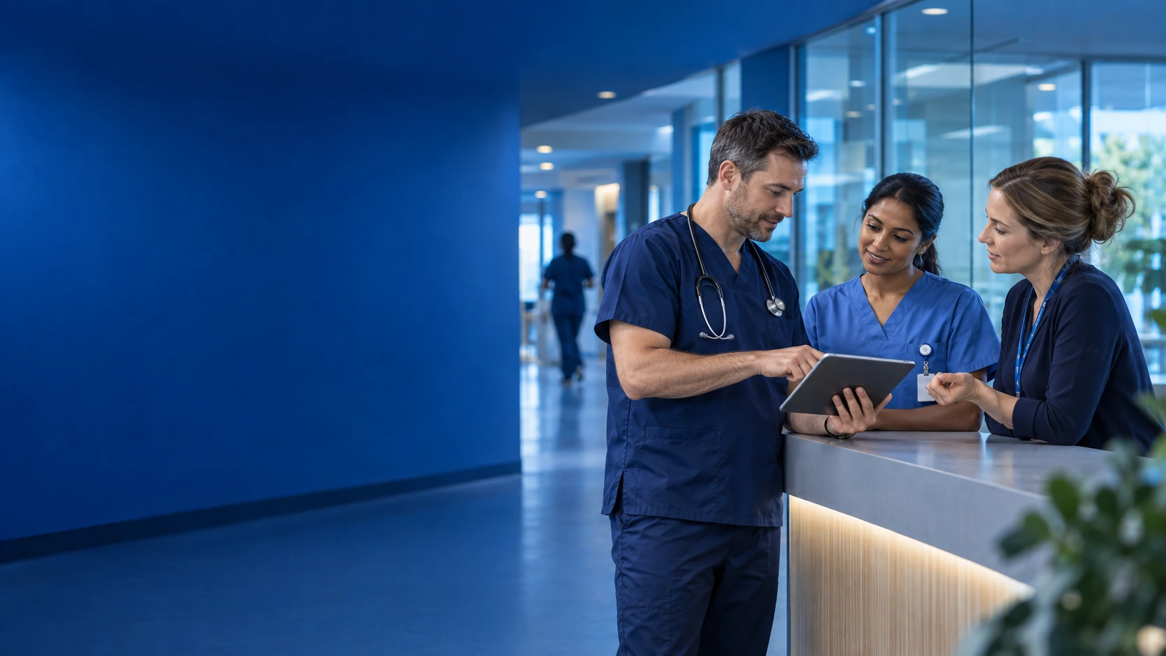 Illustrative healthcare team collaborating in a modern blue-toned workplace